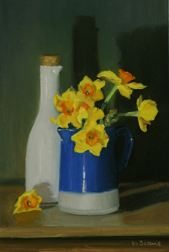 Narcissi in Blue Jug & White Carafe