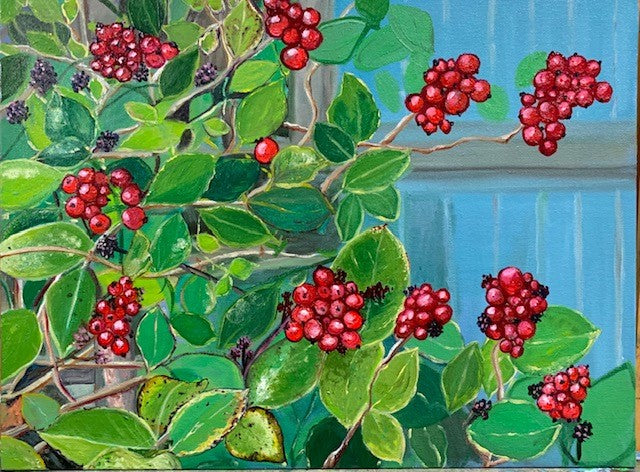 Red Berries on a Blue Fence